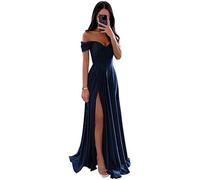 ECDAHICC Vestido de dama de honor con hombros descubiertos para mujer, de satén, con abertura larga, elegante, formal, vestido de noche acampanado, vestido de boda y fiesta, azul marino, M