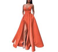 ECDAHICC Vestido de dama de honor con hombros finos de satén largo dividido elegante formal vestido de noche en línea A para bodas y fiestas, naranja, S