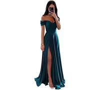 ECDAHICC Vestido de dama de honor sin hombros para mujer de satén con abertura elegante vestido formal de noche de línea A para bodas y fiestas, azul oscuro, S