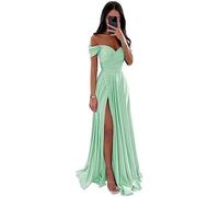 ECDAHICC Vestido de dama de honor sin hombros para mujer, de satén, con abertura larga, elegante, formal, línea A, vestido de boda y fiesta, verde claro, S