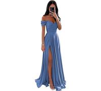 ECDAHICC Vestido de dama de honor sin hombros para mujer, de satén, con abertura larga, elegante, formal, línea A, vestido de boda y fiesta, azul, M