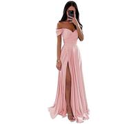 ECDAHICC Vestido de dama de honor sin hombros para mujer, de satén, con abertura larga, elegante, vestido formal de noche, línea A, para boda y fiesta PH-3XL