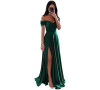 ECDAHICC Vestido de dama de honor sin hombros para mujer, de satén, con abertura larga, elegante vestido de noche formal línea A, vestido de boda y fiesta, verde oscuro, S