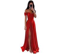 ECDAHICC Vestido de dama de honor sin hombros para mujer de satén con abertura larga elegante vestido de noche formal línea A vestido de boda y fiesta, rojo, L