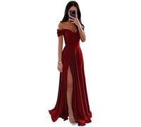 ECDAHICC Vestido de dama de honor sin hombros para mujer de satén con abertura larga elegante vestido de noche formal línea A vestido de boda y fiesta, granate, S
