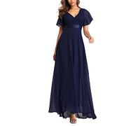 ECDAHICC Vestido de noche para mujer, con cinturón, línea A, gasa, vestido de dama de honor, cuello en V, elegante, largo, azul oscuro, XL