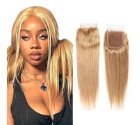 ECFK #27 ST 26 Inch Lace Closure Extension Evaxilc Straight Human Hair Cabello humano Glueless Bundles Virgin Hair Unprocessed #27 Honey Blonde Color Minimal Shedding For Women