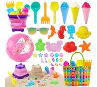 Echehi 37Piezas Juguetes de Playa para Niñas, Juegos Playa con Cubo de Playa Plegable 2L, Gafas de Sol, Pelota Playa, Moldes de Arena, Bolsa Juguete Playa, Gemas, Juguetes Arena para Niñas