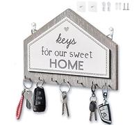 Echehi Colgador Llaves Pared de Madera con 7 Ganchos, Autoadhesivo o Perforador Instalación de 3 vías, Porta Llaves para el Hogar (Gris)