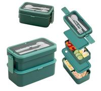 Echehi Fiambrera de 2 Capas con Compartimentos para Adultos y Niños, 950+550ml Fiambrera Apilable de Gran Capacidad, Fiambrera Bento con Tenedor y Cuchara y Asa Oculta. Verde