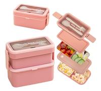 Echehi Fiambrera de 2 Capas con Compartimentos para Adultos y Niños, 950+550ml Fiambrera Apilable de Gran Capacidad, Fiambrera Bento con Tenedor y Cuchara y Asa Oculta. Rosa
