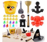 Echehi Juguetes de Playa para Niños Serie Pirata 29Piezas, Juegos Playa con Cubo, Telescopio, Brújula, Gemas, Juguetes Arena para Niños Niñas