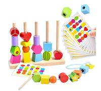 Echehi Juguetes Montessori 2 en 1 para Enhebrar Cuentas, Formas a Juego, Desarrollo de la Motricidad Fina, Bloques Apilables de Madera