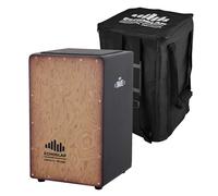 Echoslap Super Snare Cajon Makal Burl Placa frontal con cuerpo negro, hecho a mano, acabado negro, cuerpo de roble siam, 21 cables de caja para un sonido nítido, graves de resina profunda + bolsa de