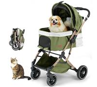 EchoSmile Carrito para Perros y Gatos Plegable con un Botón, Carro Perro 20 kg, Coche para Perros con Mango Reversible, Absorción de Impactos y Almohadilla Lavable Extraíble (Verde)