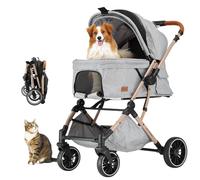 EchoSmile Carrito para Perros y Gatos Plegable con un Botón, Carro Perro 20 kg, Coche para Perros con Mango Reversible, Absorción de Impactos y Almohadilla Lavable Extraíble (Gris)