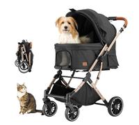 EchoSmile Carrito para Perros y Gatos Plegable con un Botón, Carro Perro 20 kg, Coche para Perros con Mango Reversible, Absorción de Impactos y Almohadilla Lavable Extraíble (Negro)