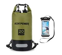 ECHTPower Bolsa Estanca Impermeable 20L, Mochila Impermeable con Funda de Móvil, 100% Impermeable con Doble Correa Bolsa Waterproof para Playa, Surf, Kayak, Senderismo, Camping, Esquí, Pesca-Verde