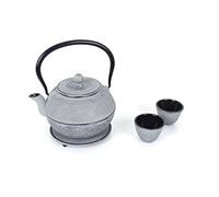 Echtwerk Juego de Té de Fundición de Hierro 1,1 l con colador extraíble, tetera con posavasos y 2 tazas de té, tetera vintage para preparar té a granel Gris