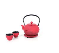 Echtwerk Juego de té de hierro colado 1,1 l con colador extraíble, tetera con posavasos y 2 tazas de té, tetera vintage para preparar té a granel Rojo