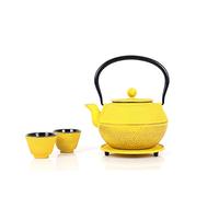 Echtwerk Juego de té de hierro colado de 1,1 l con colador extraíble, tetera con platillo y 2 tazas de té, tetera vintage para té suelto, amarillo