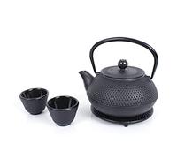 Echtwerk Juego de Té de Hierro Colado - Tetera de 0,8 L Con Colador Extraíble, Platillo y 2 Tazas - Estilo Vintage Para Té Suelto, Negra