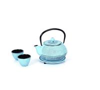 Echtwerk Juego de té de hierro colado, tetera de 0,8 l con filtro extraíble, tetera con platillo y 2 tazas de té, estilo vintage para té suelto, azul claro