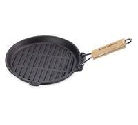 ECHTWERK Sartén grill de hierro fundido y esmaltada de 24 cm, mango de madera extraíble, boquilla lateral para la grasa, sartén apta para fogones, barbacoas, hogueras, hornos y cocinas