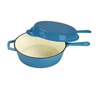 ECHTWERK Set 2 en 1 de cacerola y sartén grill, Asador de hierro fundido con tapa, Olla de hierro fundido con revestimiento esmaltado, Apta para hornos, parrillas e inducción, Azul, 2,5 L, Ø 25,2 cm