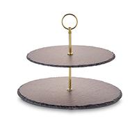 Echtwerk soporte para tartas, bandeja para servir frutas, queso y postres, pizarra natural, 2 pisos, mango de metal, 30/25 cm