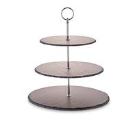 Echtwerk soporte para tartas, bandeja para servir frutas, queso y postres, pizarra natural, 3 pisos, mango de metal, 30/25 cm