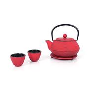 Echtwerk Tetera de hierro fundido de 0,8 l con colador extraíble, tetera con platillo y 2 tazas de té, estilo vintage para té suelto Rojo