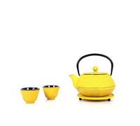 Echtwerk Juego de té de hierro colado, tetera de 0,8 l, con colador extraíble, tetera con platillo y 2 tazas de té, tetera vintage para té suelto, amarillo