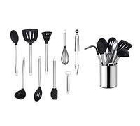 ECHTWERK Utensilios de cocina, juego de utensilios de cocina de 10 piezas, utensilios de cocina con mango de acero inoxidable, soporte para utensilios, silicona antiadherente, edición plateada