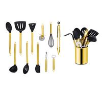 ECHTWERK Utensilios de cocina, juego de utensilios de cocina de 12 piezas, utensilios de cocina con mango de acero inoxidable, soporte para utensilios, silicona antiadherente, edición dorada