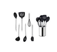ECHTWERK Utensilios de cocina, juego de utensilios de cocina de 7 piezas, utensilios de cocina con mango de acero inoxidable, soporte para utensilios, silicona antiadherente, edición plateada