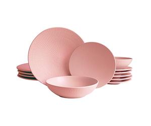 ECHTWERK Vajilla vintage de 12 piezas, diseño Nature "Blanka", para 4 personas, elegante vajilla de gres con estructura con 4 x platos llanos, 4 x platos hondos, 4 x platos soperos, rosa