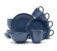 ECHTWERK Vajilla vintage de 16 piezas "Alicia", diseño moderno, para 4 personas, elegante vajilla de gres azul oscuro con 4 platos llanos, 4 platos llanos, 4 cuencos, 4 tazas de té