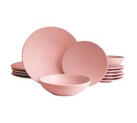 ECHTWERK Vajilla vintage de 18 piezas, diseño "Blanka" Nature, para 6 personas, Vajilla elegante con estructura de gres con 6 x platos llanos, 6 x platos hondos, 6 x platos soperos, rosa