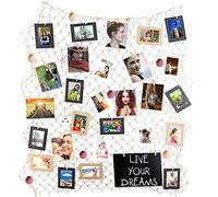 Ecjiuyi Marcos de exhibición Colgantes de la Foto,Decoraciones de la Pared de la Red de Pesca del mediterráneo con 30 Clips, Tarjetas de Imagen Organizador de Las Ilustraciones del Collage (Beige)