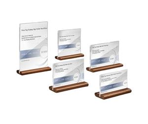 ECKEK Paquete de 2 soportes acrílicos para etiquetas de precio, soporte para tarjetas de datos, base de madera, soporte para letreros de mesa (nogal, 100 x 100 mm)