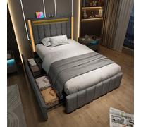 ECLIVON Cama Infantil Individual 90x200, Cama Tapizada con Iluminación LED y USB Tipo C, Estructura Camas Infantiles con Cajones Almacenamiento, Camas con Soporte de Láminas, Sin Colchón, Lino,Gris