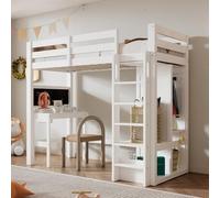 ECLIVON Cama Infantil Litera 90x200 cm con Armario y Escritorio, Literas Infantiles con Escalera y Estantería, Estructura de Cama Alta con Somier y Protección Anticaídas, Sin Colchón (Blanco)