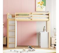 ECLIVON Cama Infantil Litera 90x200 cm con Escritorio y Estantería, Literas Infantiles con Escalera y Láminas, Estructura de Cama Alta con Somier y Protección Anticaídas, Sin Colchón (Natural)