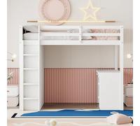 ECLIVON Cama Infantil Litera 90x200 cm con Escritorio y Estantería, Literas Infantiles con Escalera y Láminas, Estructura de Cama Alta con Somier y Protección Anticaídas, Sin Colchón (Blanco)