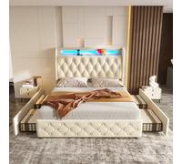ECLIVON Cama Matrimonio 140x190, Cama Tapizada con Iluminación LED y USB, Estructura Cama Doble con Cajones Almacenamiento, Camas con Cabecero y Soporte de Láminas, Sin Colchón, Terciopelo (Blanco)
