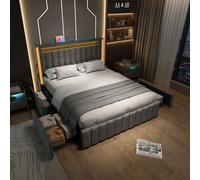 ECLIVON Cama Matrimonio 140x200, Cama Tapizada con Iluminación LED y USB Tipo C, Estructura Cama Doble con Cajones Almacenamiento, Camas Matrimoniales con Soporte de Láminas, Sin Colchón, Lino, Gris