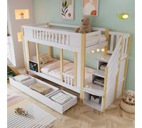 ECLIVON Litera Cama Infantil 90x200 con Escalera de Almacenamiento, Blanco | Literas Cama Alta con Pizarra y 3 Cajones, Camas con Somier y Soporte de Láminas, Protección Anticaídas, Sin Colchón