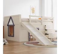 ECLIVON Litera Cama Infantil en Forma de Casa 140x200 con Tobogán, Literas Cama Alta con Escalera y 3 Cajones para Niñas y Niños, Camas con 1x Somier y Protección Anticaídas, Sin Colchón, Crema