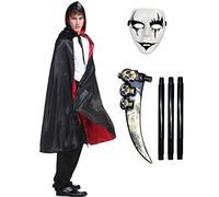 Ecloud Shop Capa con Capucha de Vampiro Disfraz de Capa de Demonio Rojo Negro para Disfraces de Halloween Cosplay Fiesta de Carnaval con Hoz de la Parca - 130cm